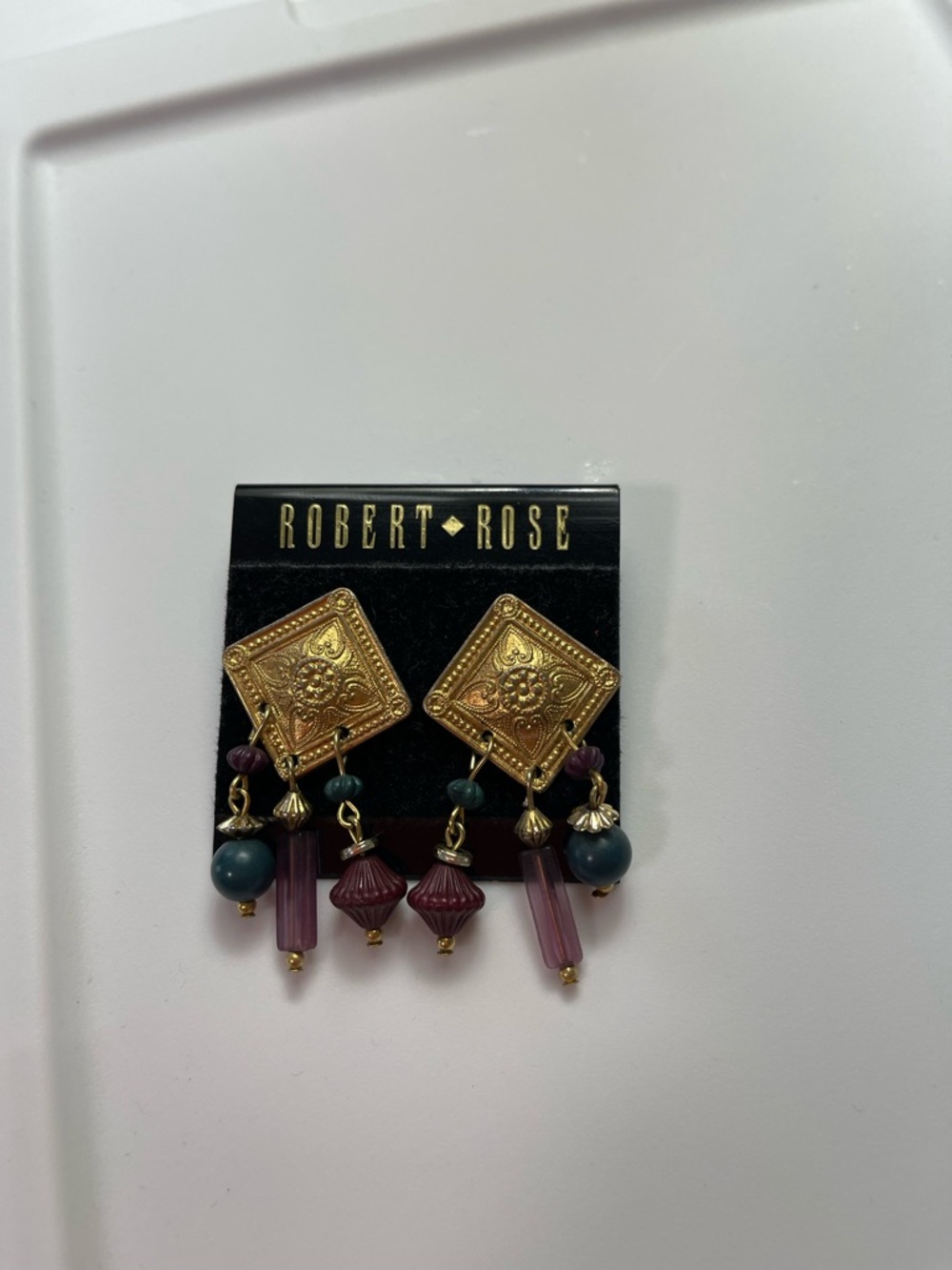 Vintage 80s Robert Rose Gold Filigree Drop Earrings with Teal and Plum Beads